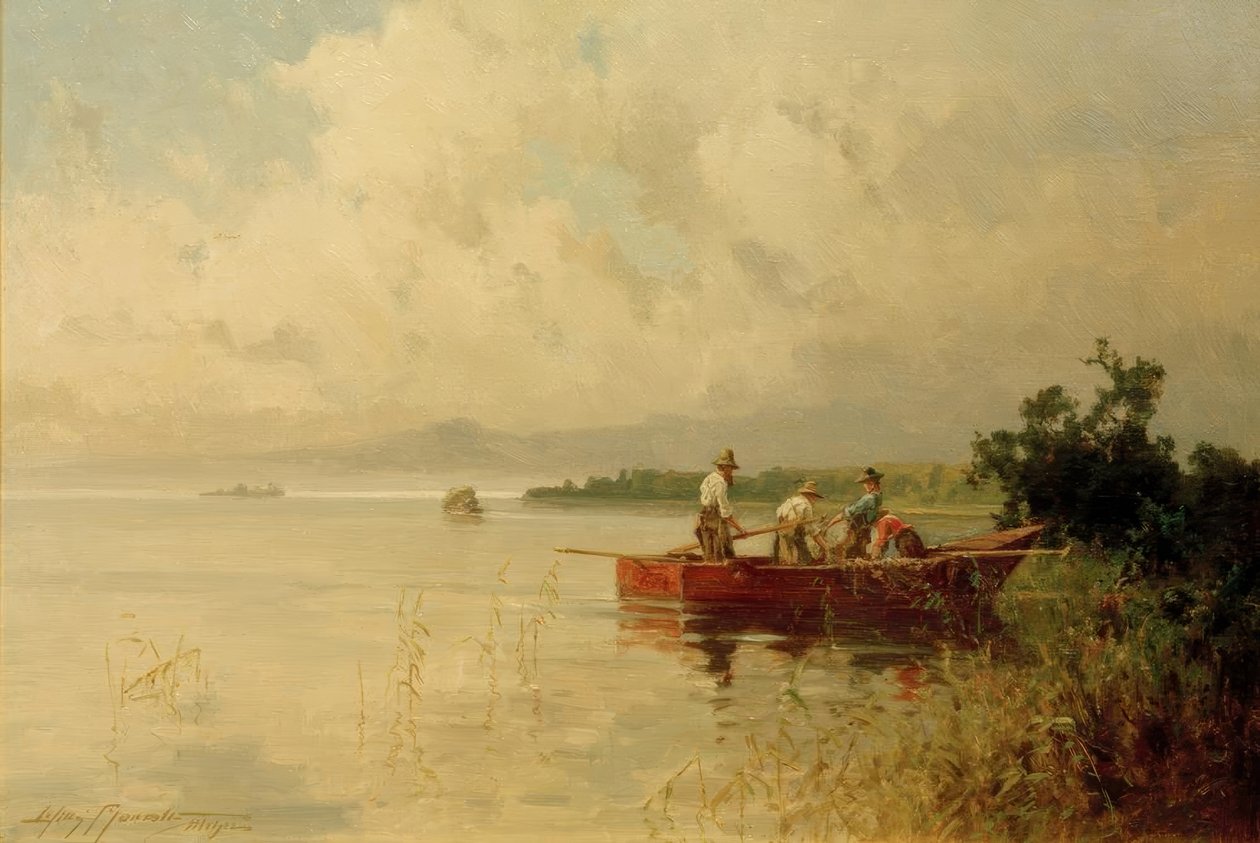 Kalastajat Chiemsee-järven kesäisellä rannalla tekijältä Willy Moralt