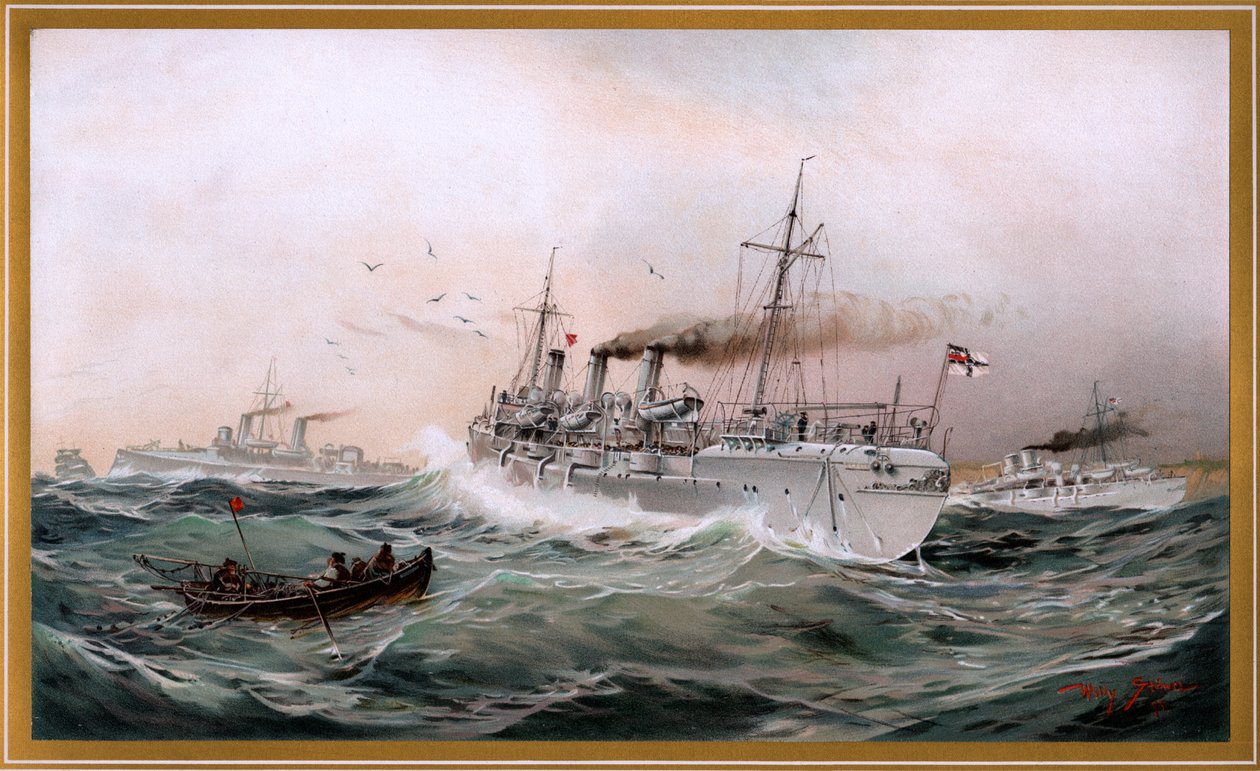Kaiserliche Marine Griffin, Meteor ja Jagd katselevat rintakaupunkia, Willy Stöwerin kromolitografia 1894, nro 9 G. Wislicenuksesta, Unsre Kriegsmarine. tekijältä Willy Stöwer