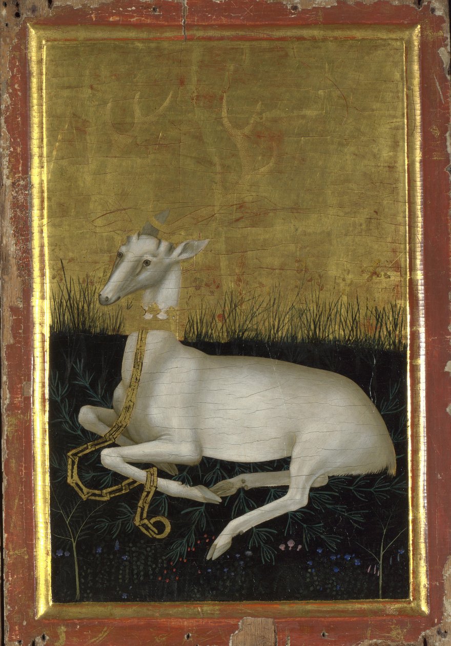 Valkoinen hartu kahlittu kruunu kaulassa Wiltonin diptyykin ulkopaneeli, vuosien 1395 ja 1399 välillä tekijältä Wilton Master