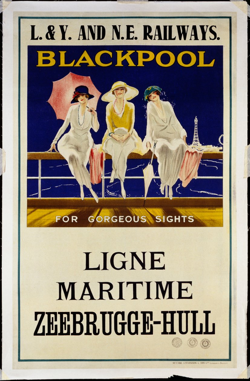 Blackpool, L.& Y. ja N.E. Rautatiet, n. 1930 (litografia väreissä) tekijältä Wilton Williams