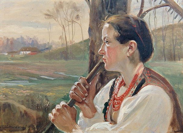 Tyttö ja harava, n.1914 (öljy kartongille) tekijältä Wincenty Wodzinowsky