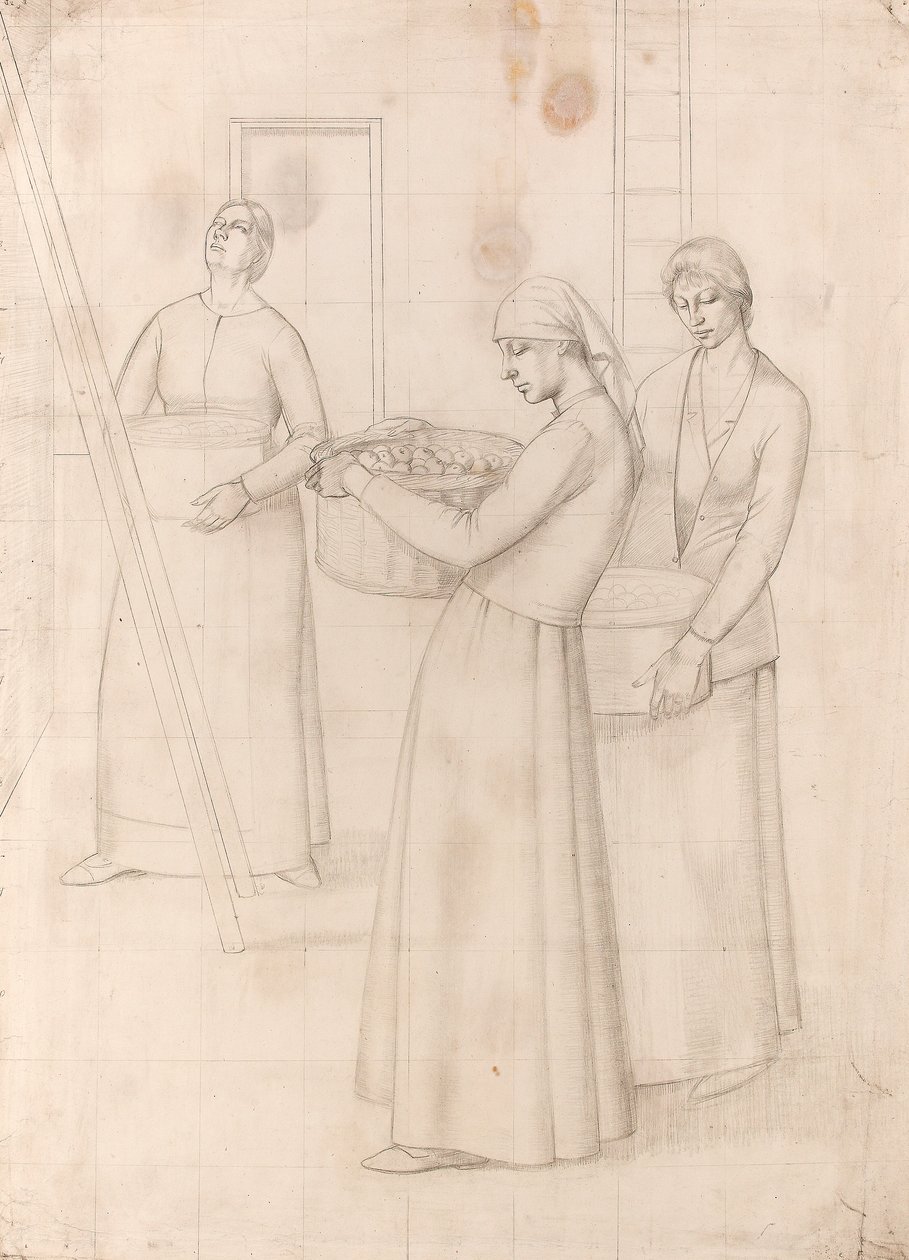 Tutkimus "Design for Wall Decoration" - Kolme naista kantamassa omenakoria, n. 1918 (kynä paperille) tekijältä Winifred Knights