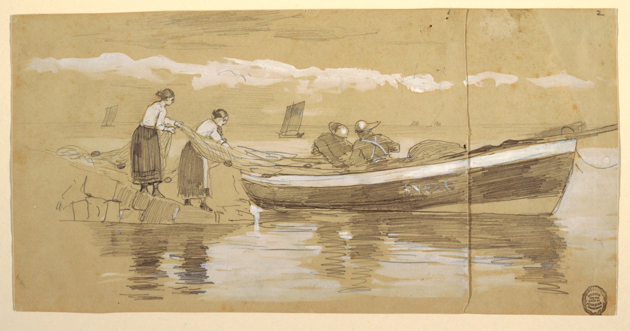 Piirustus, kalastaja ja naiset, jotka säilyttävät verkkoja rannalla, Cullercoats, Englanti tekijältä Winslow Homer