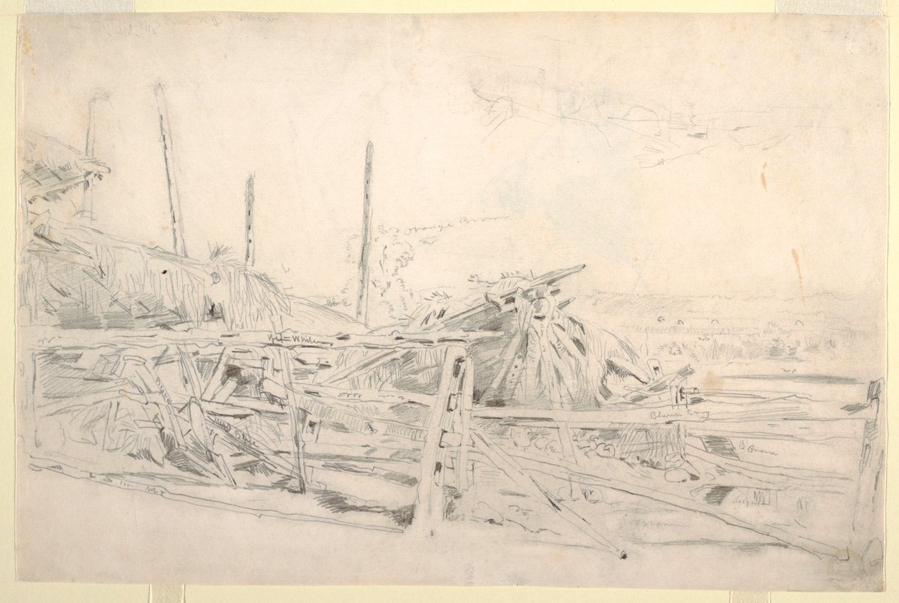 Piirustus, heinäsuovasta ja kiskoaita, n. 1870 tekijältä Winslow Homer