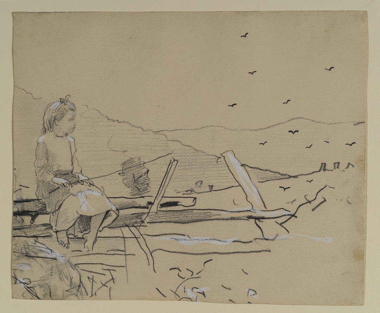 Tyttö istuu kisko-aidalla, 1879 (grafiitti kiinalaisen valkoisen paperilla) tekijältä Winslow Homer