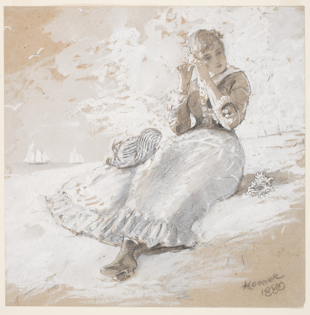 Tyttö kuorella korvalla, 1880 (grafiitti, hiili ja valkoinen guassi paperilla) tekijältä Winslow Homer