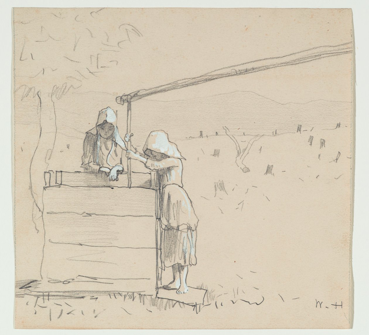 Girls at a Well, 1879 (grafiitti ja wc paperilla) tekijältä Winslow Homer