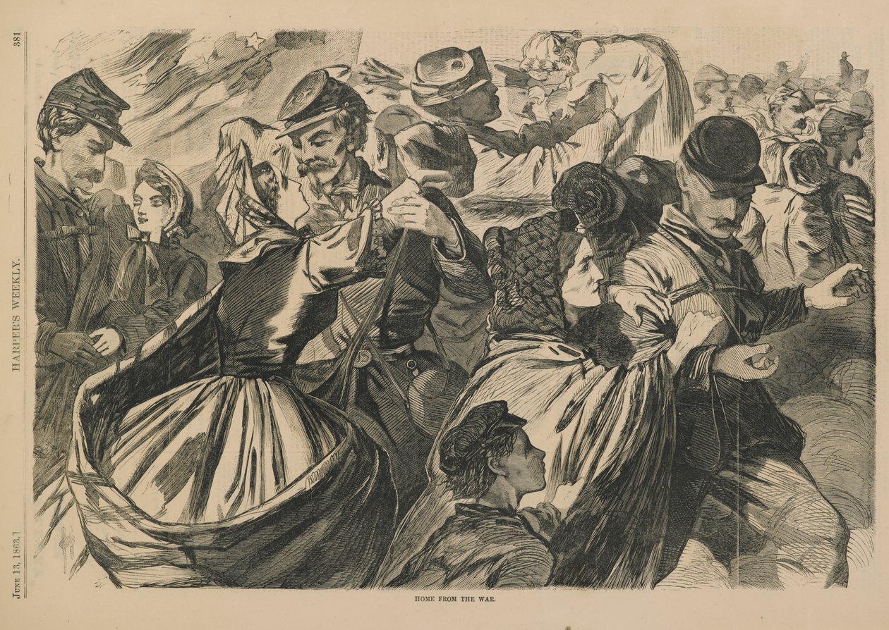 Home from the War, Harpers Weekly -lehdestä, joka ilmestyi 13. kesäkuuta 1863 (puukaiverrus) tekijältä Winslow Homer