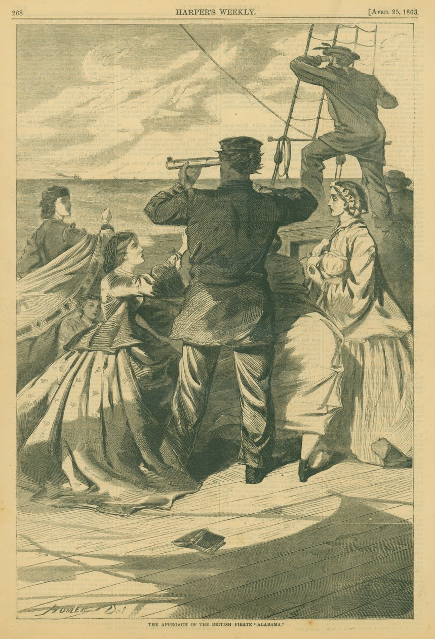 Juliste merivoimien upseerista, joka kurkistaa kaukolaivalla olevan lasin läpi, kun useat naiset kokoontuvat hänen ympärilleen tekijältä Winslow Homer