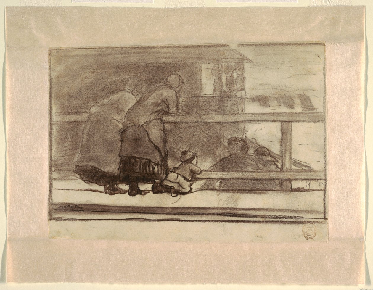 Kaksi naista ja lapsi kiskolla, näkymät Tynemouthin rannalle tekijältä Winslow Homer
