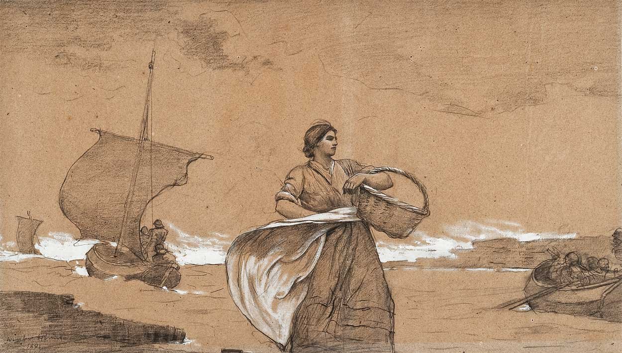 Tuulinen päivä, Cullercoats tekijältä Winslow Homer