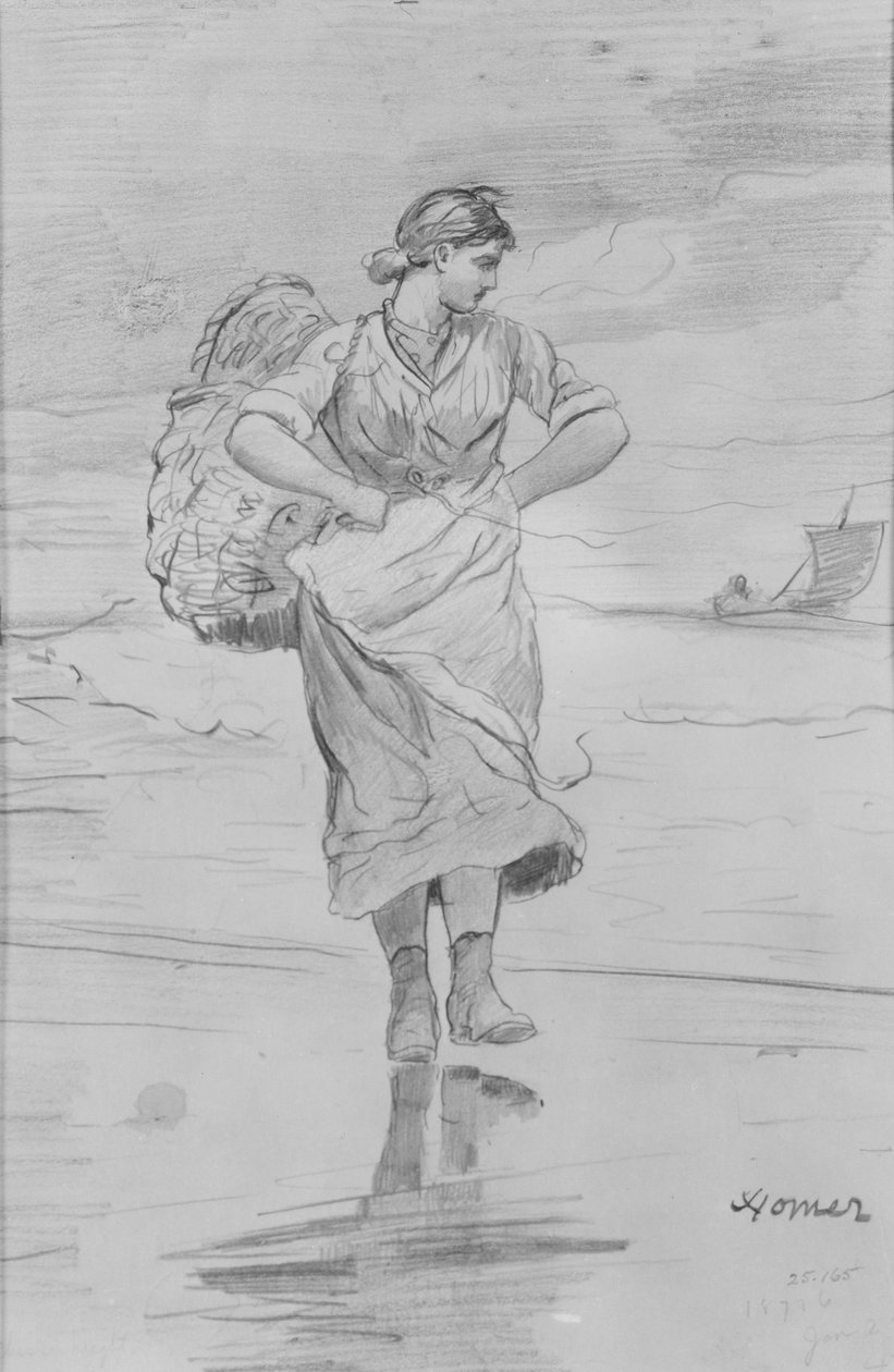 Kalastajatyttö rannalla (luonnos teoksen ”The Incoming Tide” kuvitusta varten) tekijältä Winslow Homer
