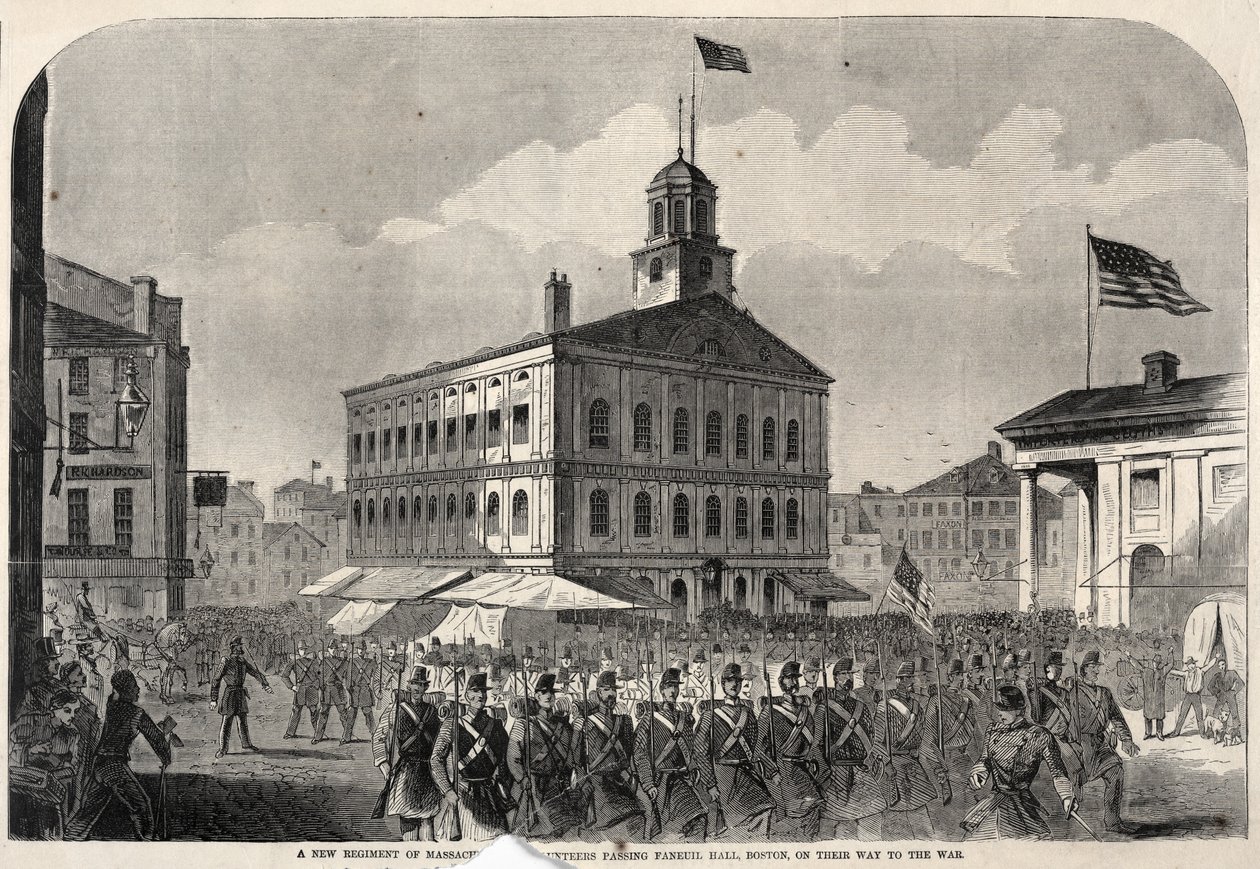 Massachusettsin uusi vapaaehtoisten rykmentti ohittaa Bostonin Faneuil Hallin matkalla sotaan. tekijältä Winslow Homer