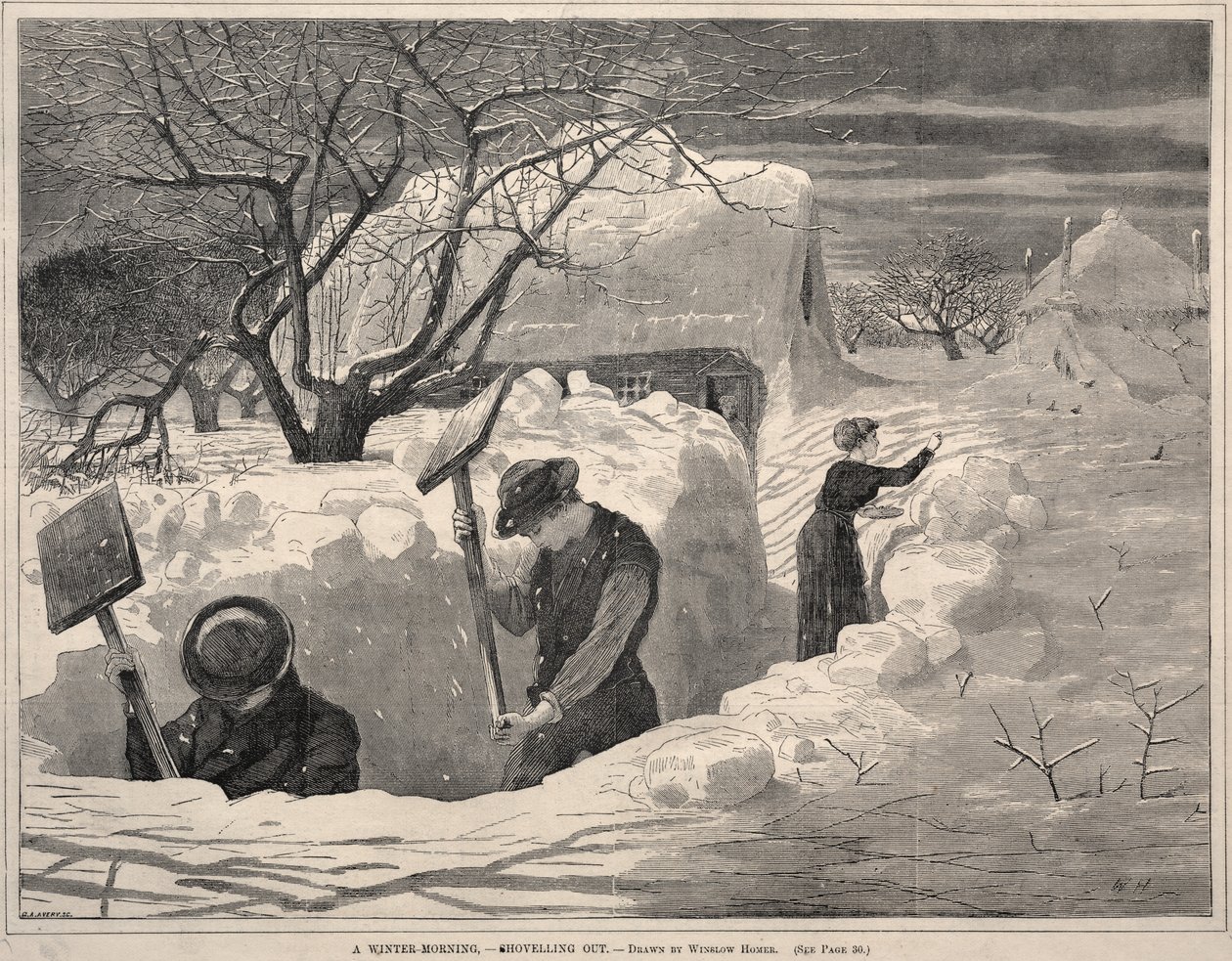 Talviaamu, - Shoveling Out, 1871. tekijältä Winslow Homer