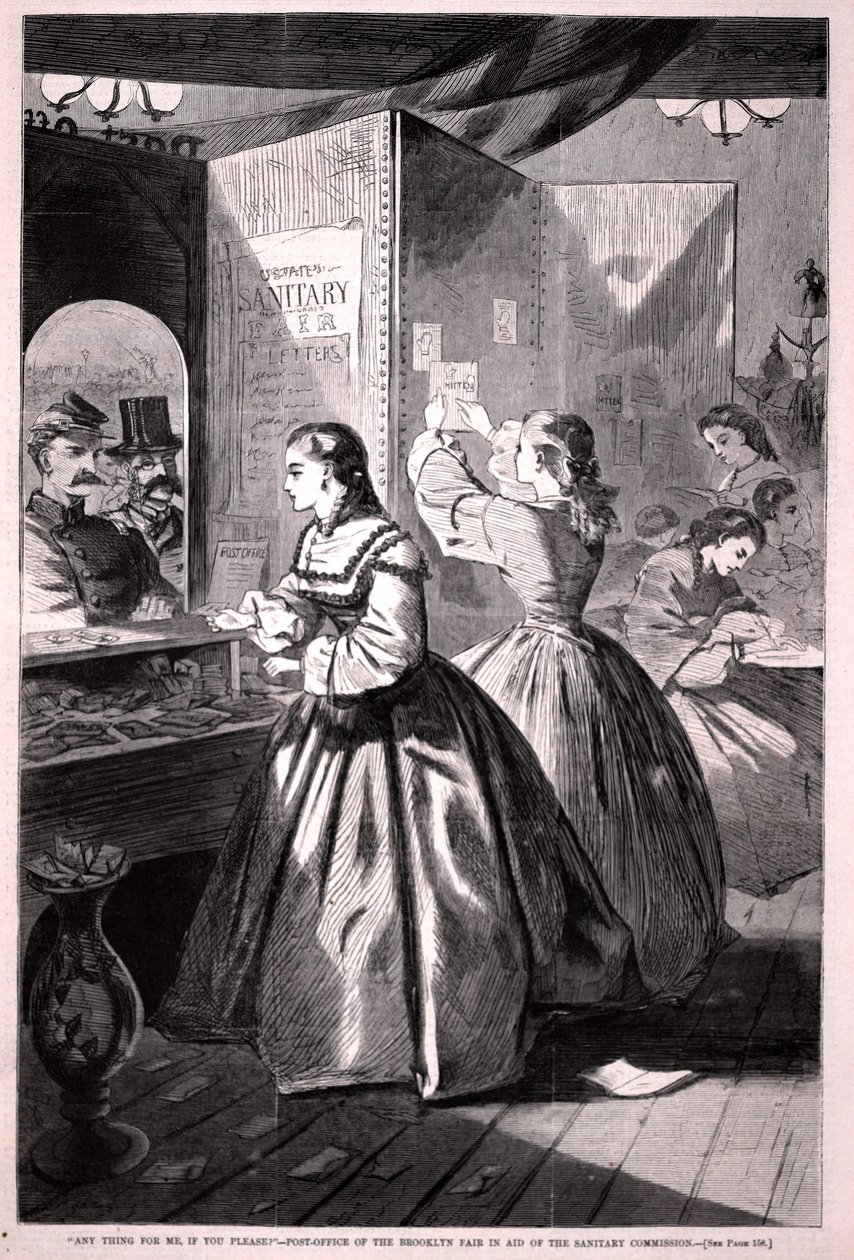 "Onko minulle mitään, kiitos" – Brooklynin messujen postitoimisto, Harper’s Weekly -lehdestä, 5. maaliskuuta 1864 tekijältä Winslow Homer