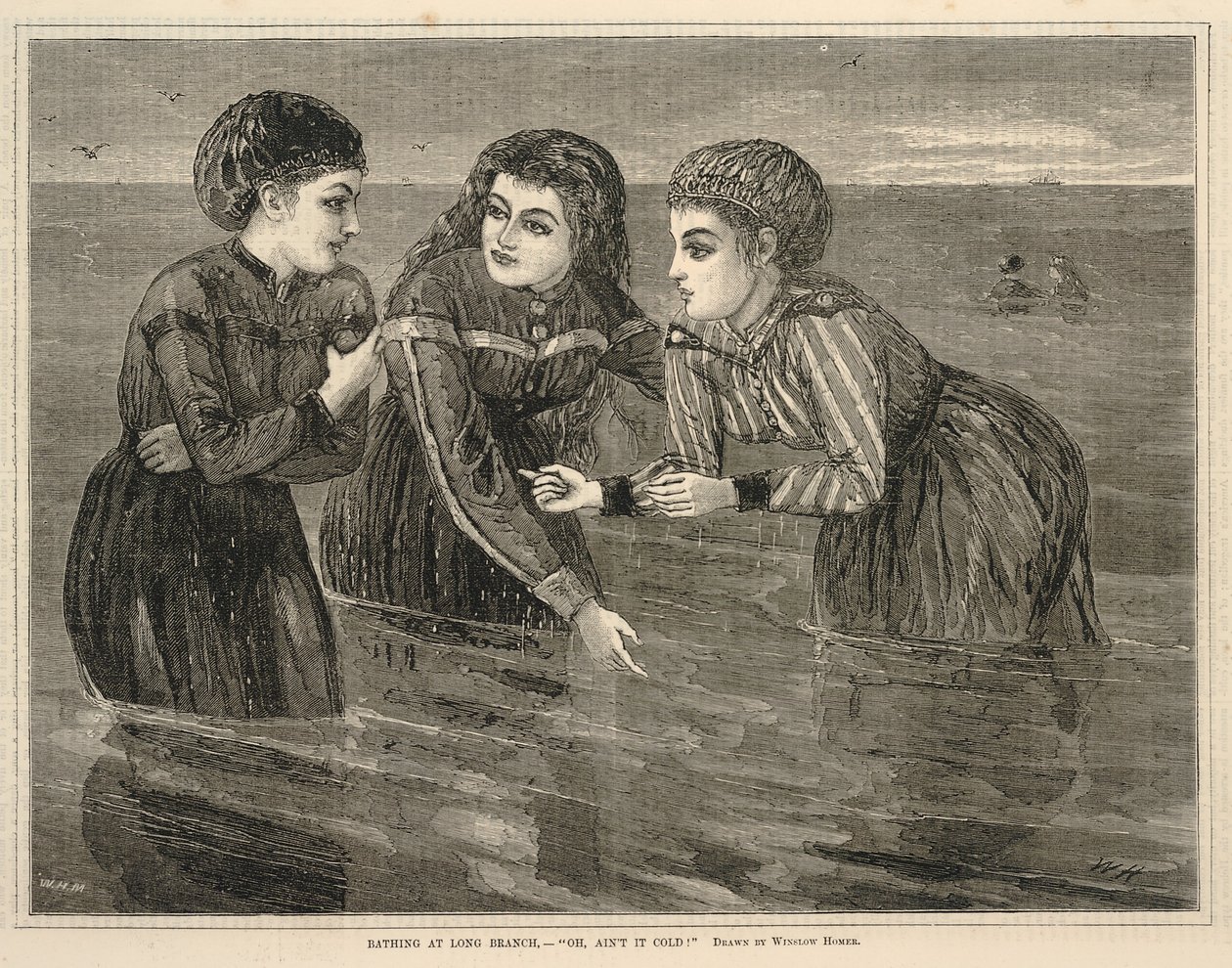 Uiminen Long Branchissa, -- "Voi, onpa kylmä!", alkaen Every Saturday, 26. elokuuta 1871. tekijältä Winslow Homer