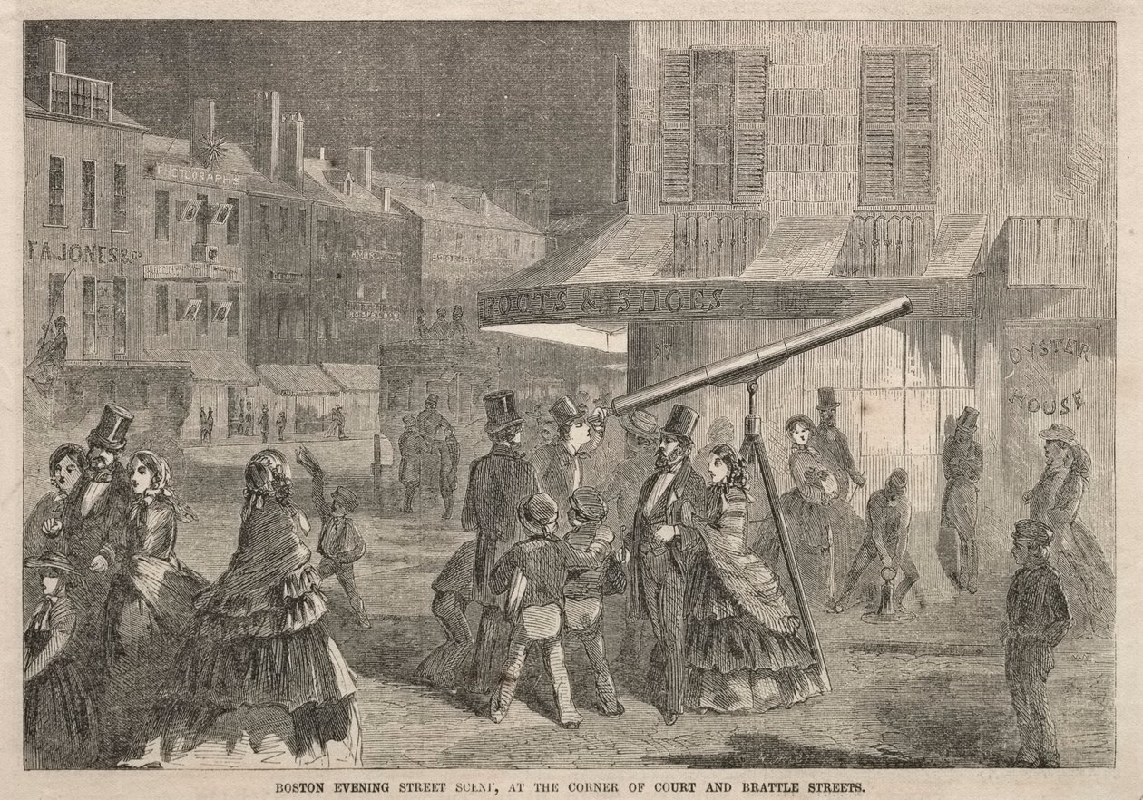 Bostonin iltainen katunäkymä, Court ja Brattle Streetsin kulmaus tekijältä Winslow Homer