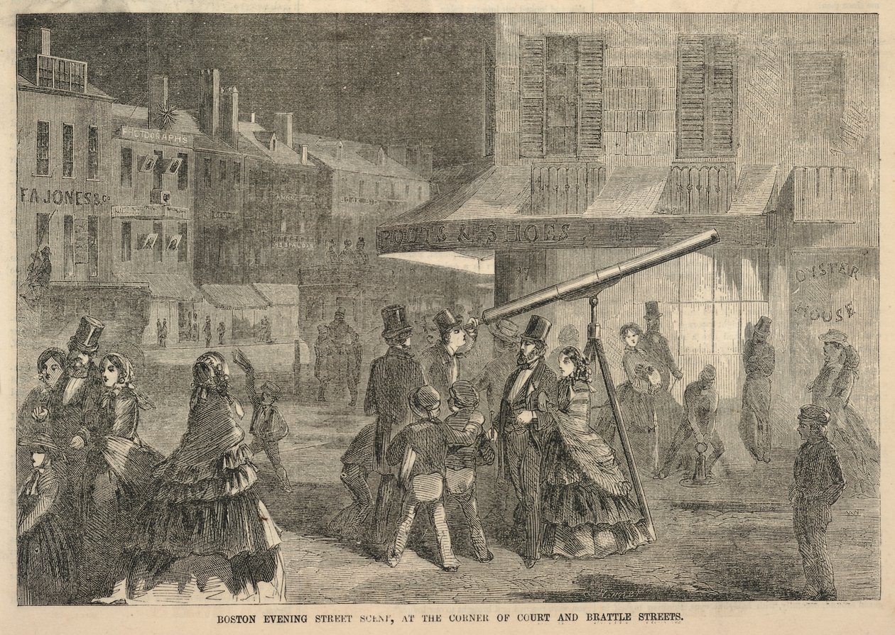 Bostonin iltakatu Courtin ja Brattle Streetsin kulmassa, Balloun kuvakirjasta "Pictorial Drawing-Room Companion", 7. marraskuuta 1857. tekijältä Winslow Homer