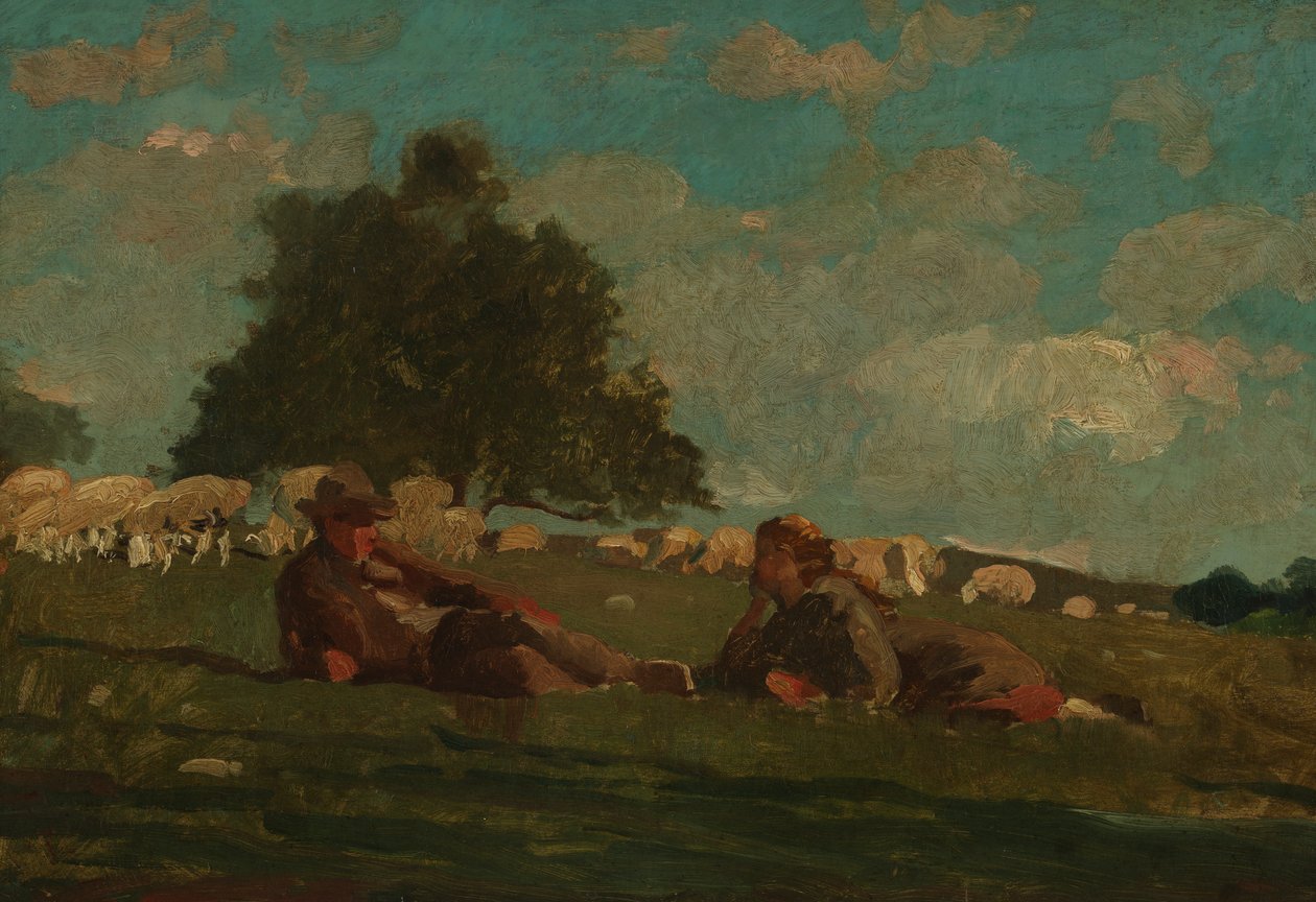 Poika ja tyttö pellolla lampaiden kanssa tekijältä Winslow Homer