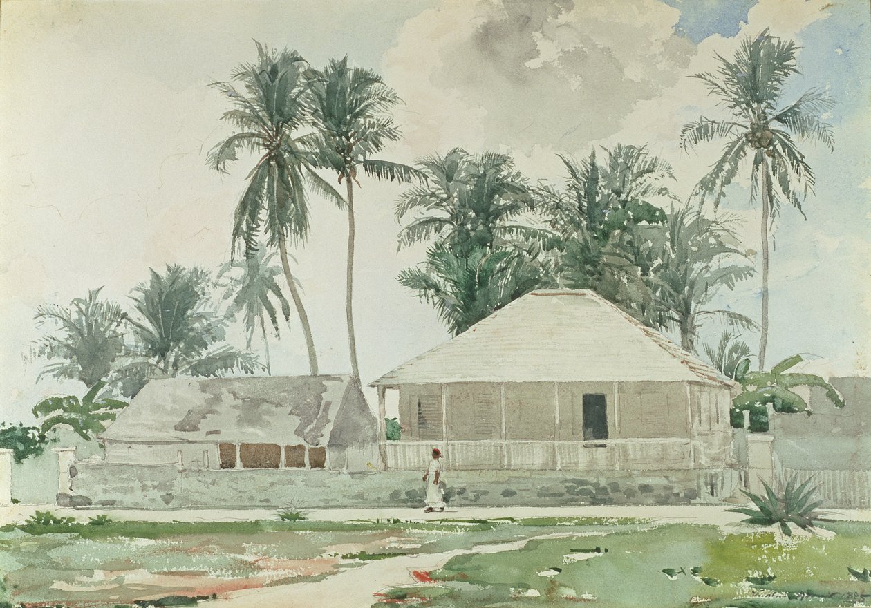 Mökit, Nassau, 1885 (wc ja lyijykynä paperille) tekijältä Winslow Homer