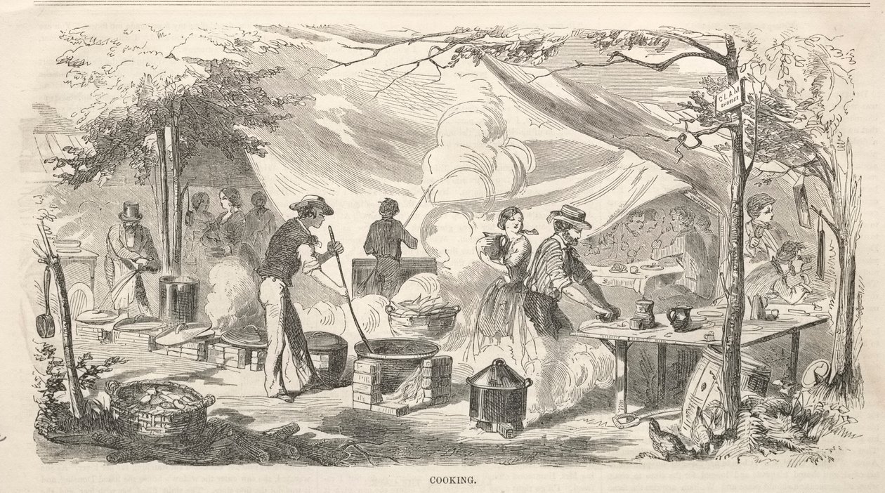 Leirikokouksen luonnokset: Ruoanlaitto, 1858. tekijältä Winslow Homer