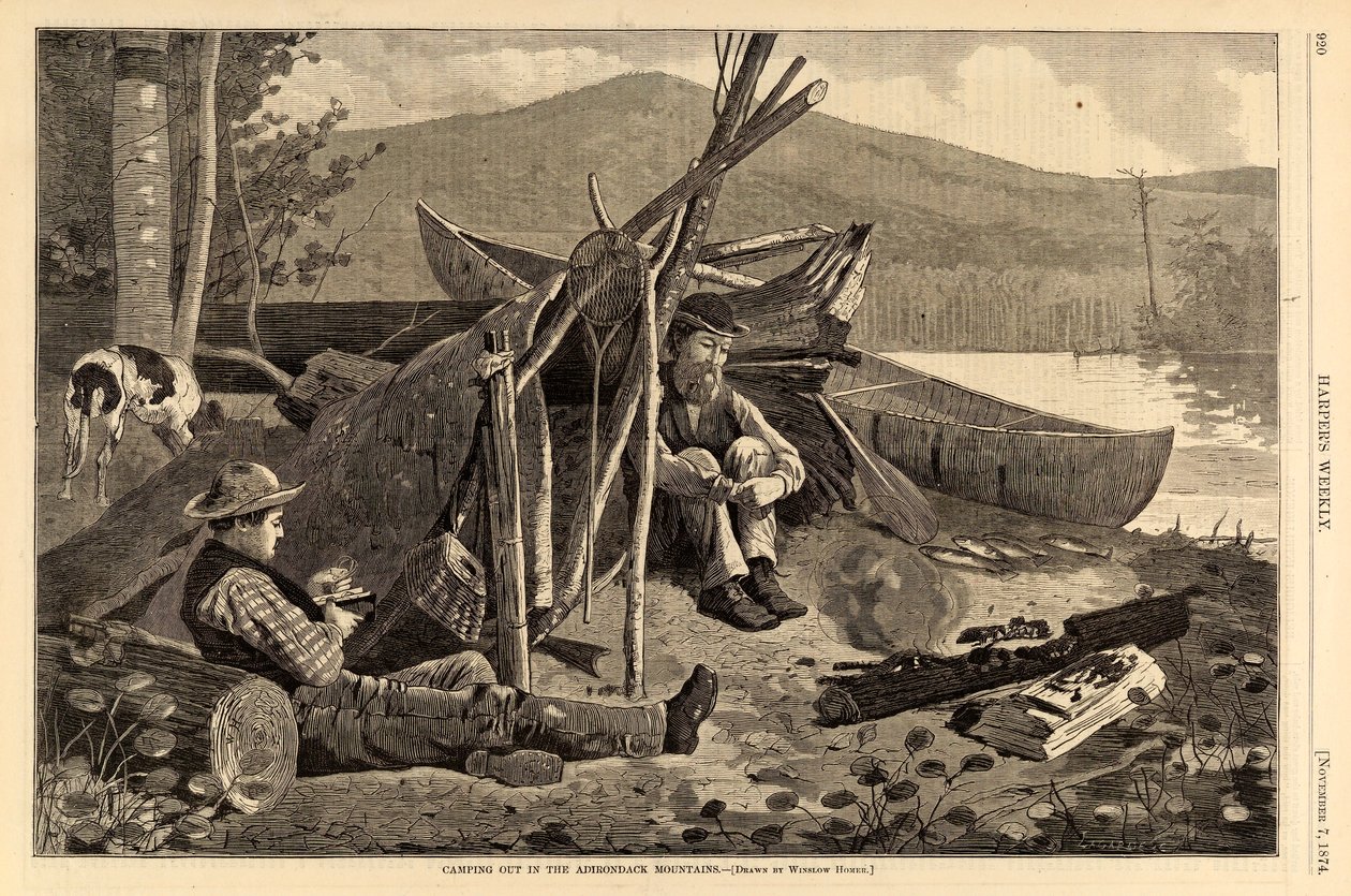 Leiriytyminen Adirondack-vuoristossa, Harper’s Weekly -lehdestä, 7. marraskuuta 1874 tekijältä Winslow Homer