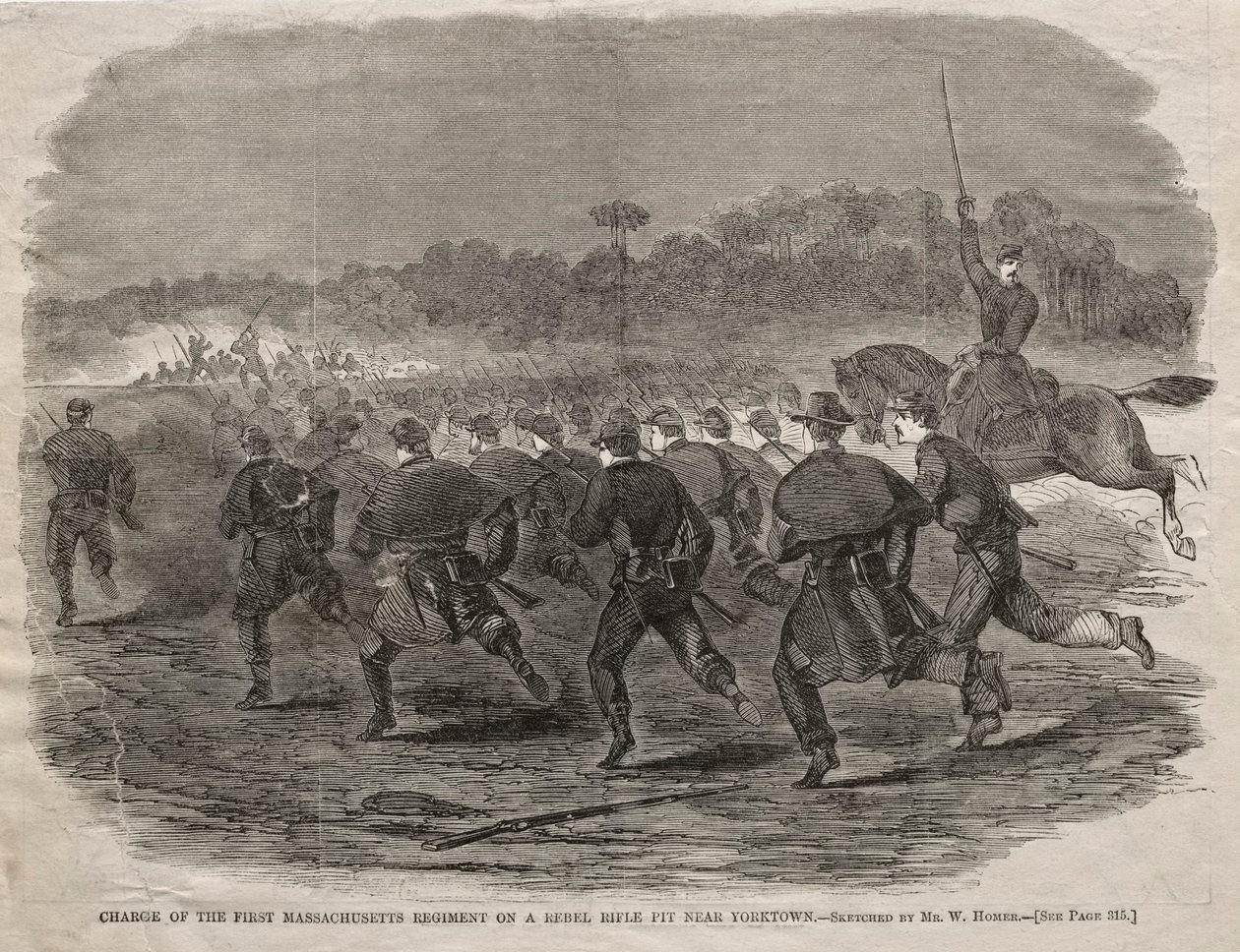 Ensimmäisen Massachusettsin rykmentin hyökkäys kapinallisten kiväärikuoppaan lähellä Yorktownia, 1862. tekijältä Winslow Homer