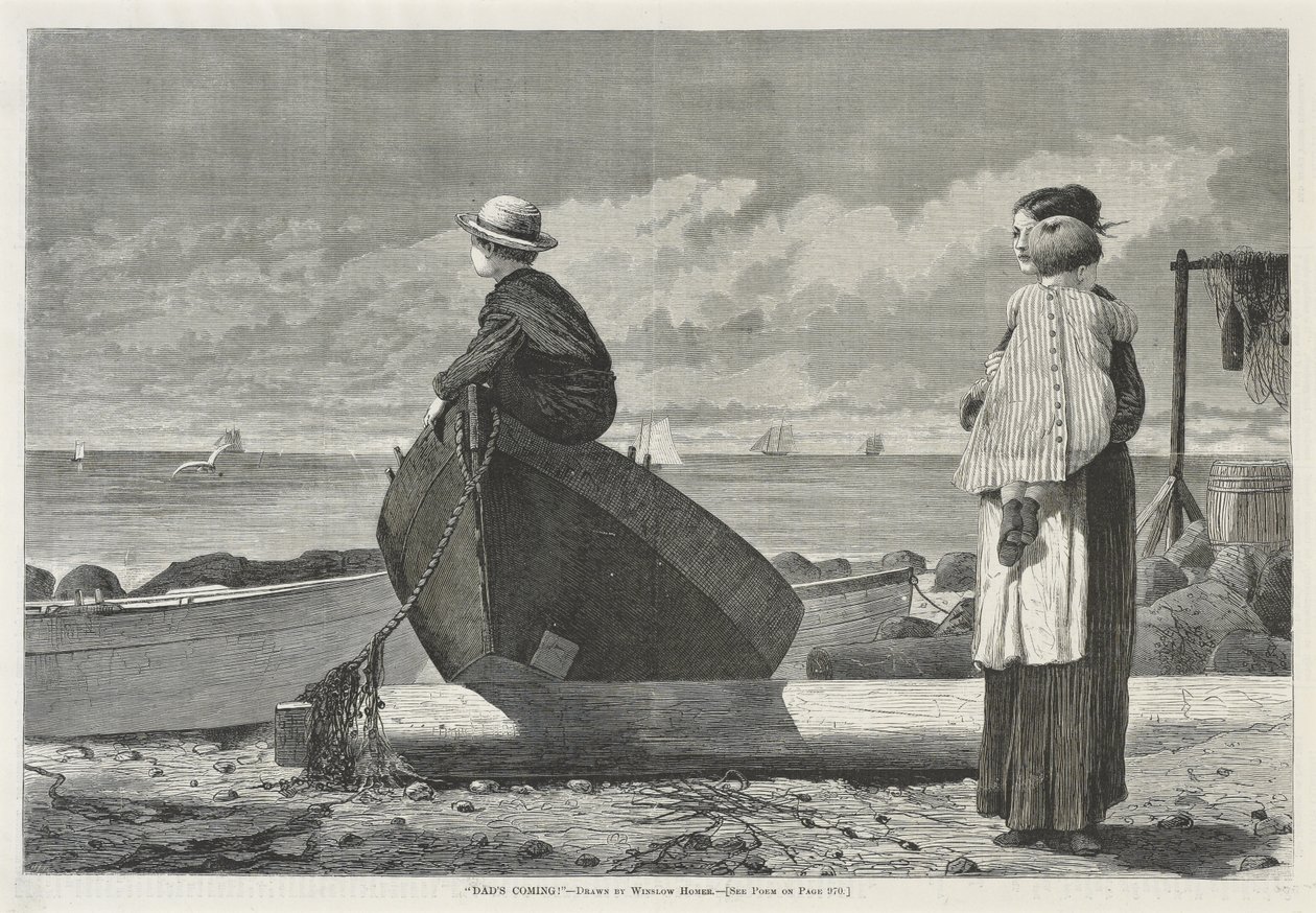 Dads Coming!, 1. marraskuuta 1873 (puukaiverrus sanomalehtipaperille) tekijältä Winslow Homer