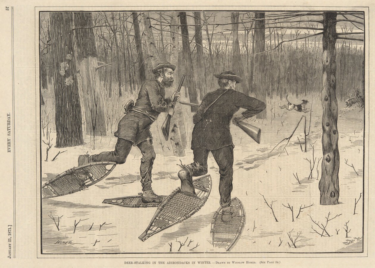 Deer-Stalking Adirondacksissa talvella, alkaen joka lauantai, 21. tammikuuta 1871 tekijältä Winslow Homer