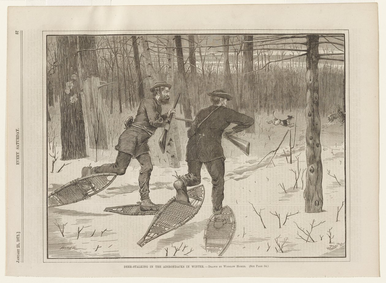 Hirvien salametsästys Adirondack-vuoristossa talvella tekijältä Winslow Homer