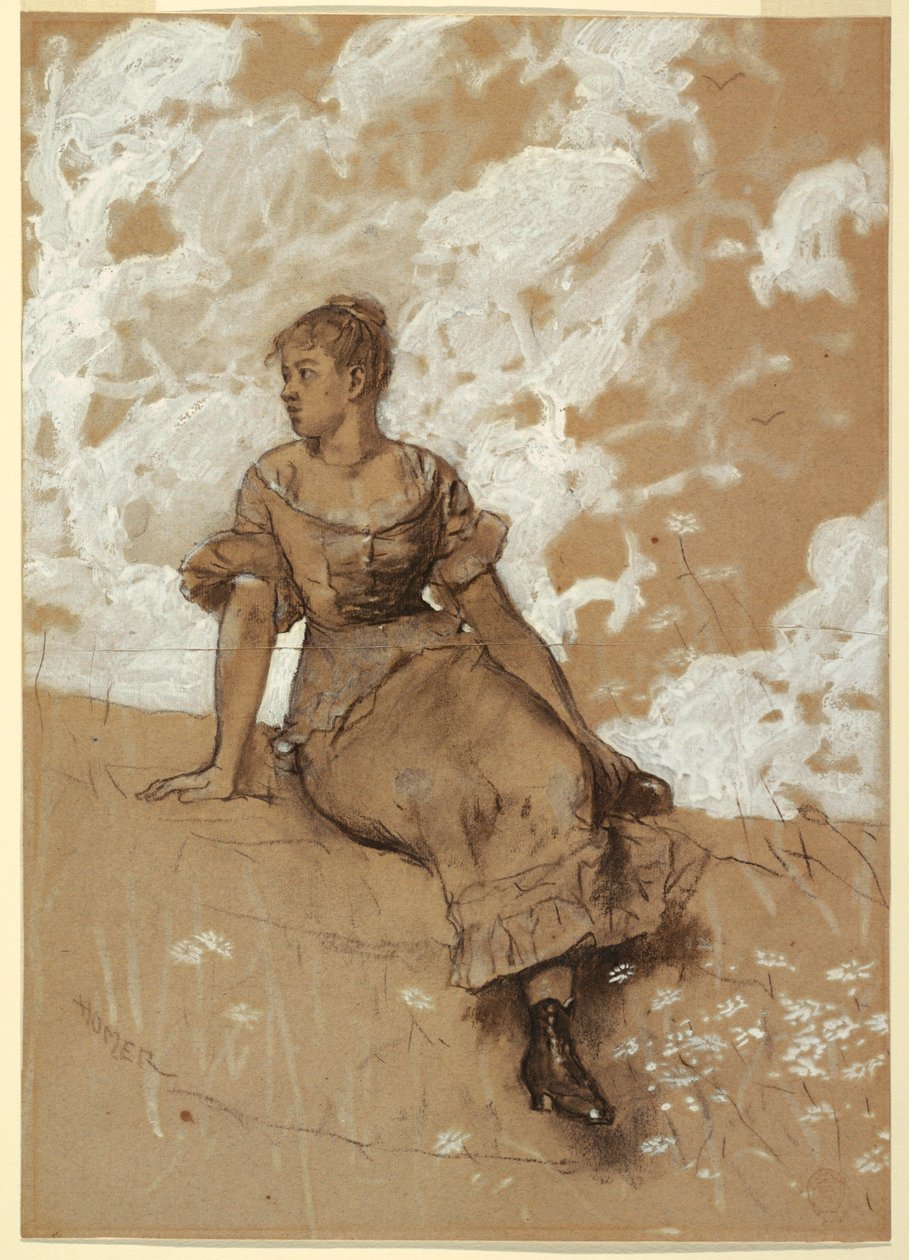 Piirros, Istuva tyttö; opinnäytetyö "Puutarhamuuri", 1878 tekijältä Winslow Homer