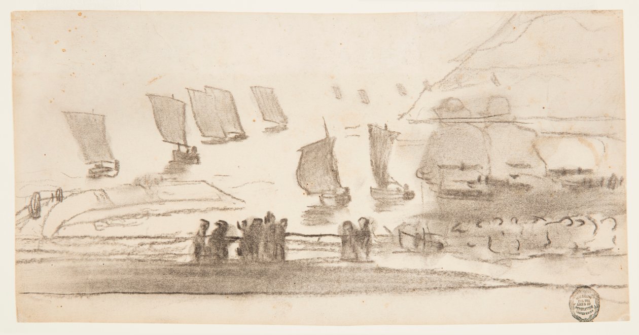 Piirros, Rantakuva, jossa ihmisiä ja kalastusveneitä, Cullercoats, Englanti, 1881-82 tekijältä Winslow Homer