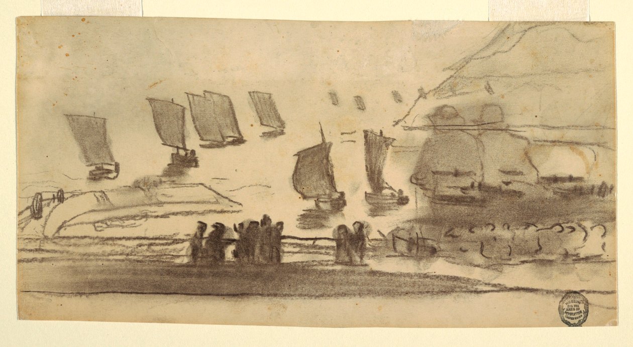 Piirros, Rantakuva, jossa ihmisiä ja kalastusveneitä, Cullercoats, Englanti, 1881-82 tekijältä Winslow Homer