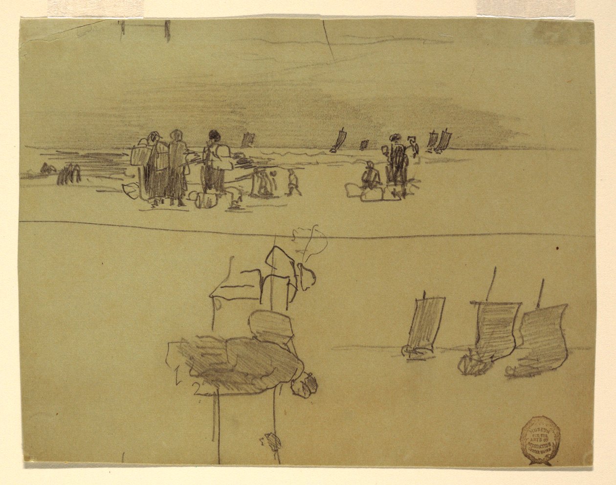 Piirros, Rantakohtaus, jossa naiset kantavat koreja, Cullercoats, Englanti, 1881-82 tekijältä Winslow Homer