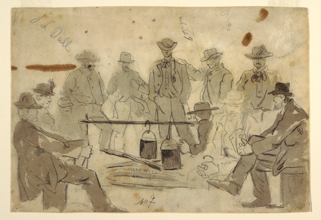Piirros, leirinuotio ja ympärille ryhmittyneet sotilaat, 1862 tekijältä Winslow Homer