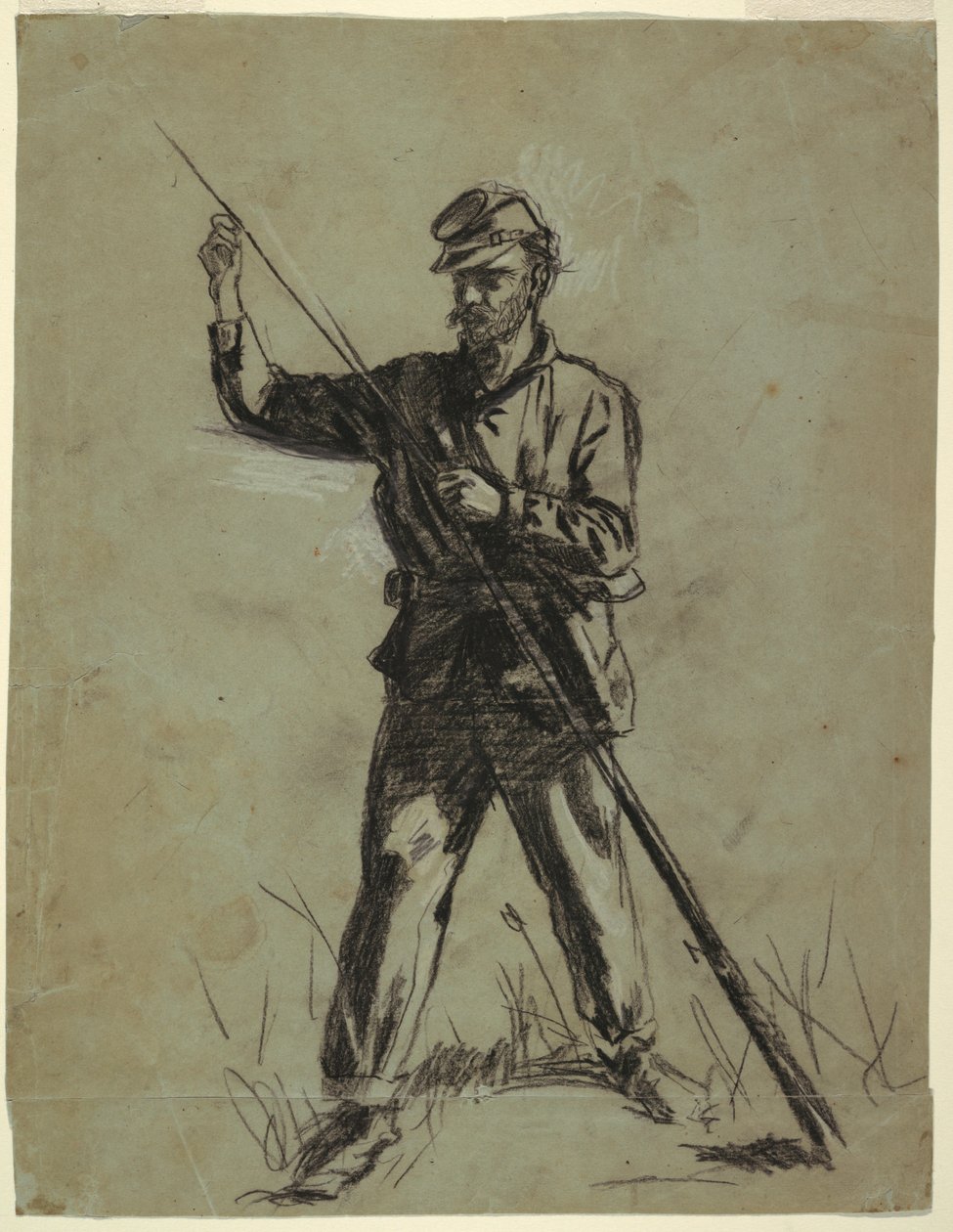Piirros, ratsuväen sotilas lataa kivääriä, 1863-64. tekijältä Winslow Homer