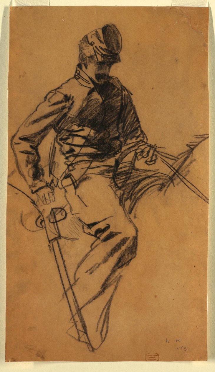 Piirros, ratsuväen sotilas hevosen selässä, 1863 tekijältä Winslow Homer