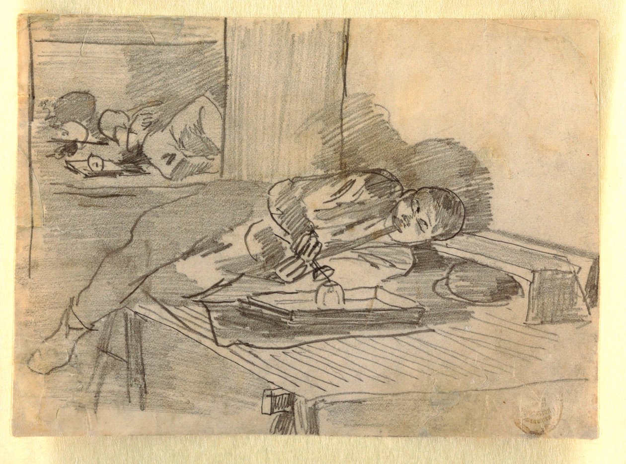 Piirros, Kiinalainen mies polttaa oopiumpiippua, Baxter Streetin klubitalo, New York, n. 1874. tekijältä Winslow Homer