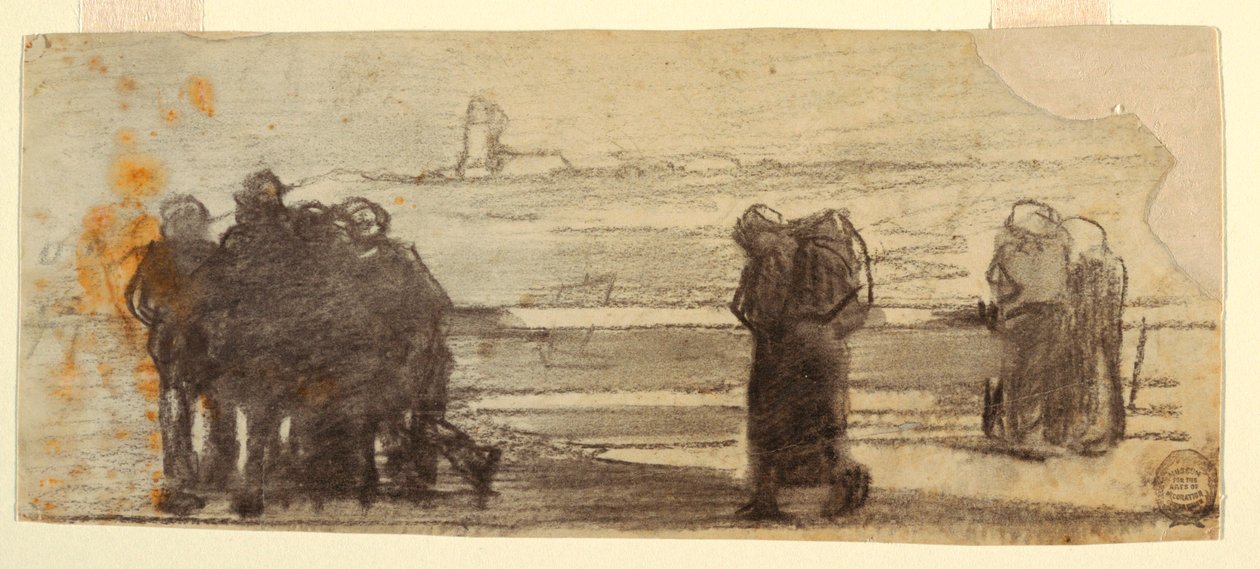 Piirros, Hahmot lahden yli ja pieni vene, Cullercoats, Englanti, 1881-82. tekijältä Winslow Homer