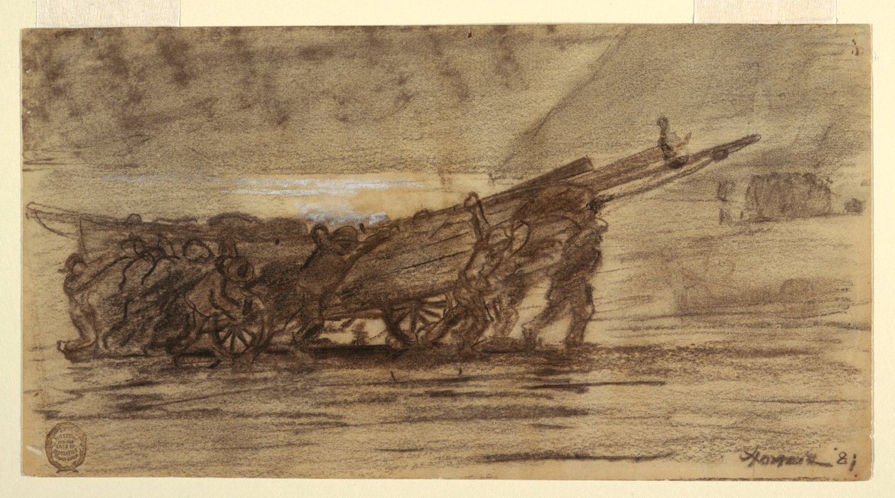 Piirros, Kalastajat veneen rannalla, Cullercoats, Englanti, 1881. tekijältä Winslow Homer