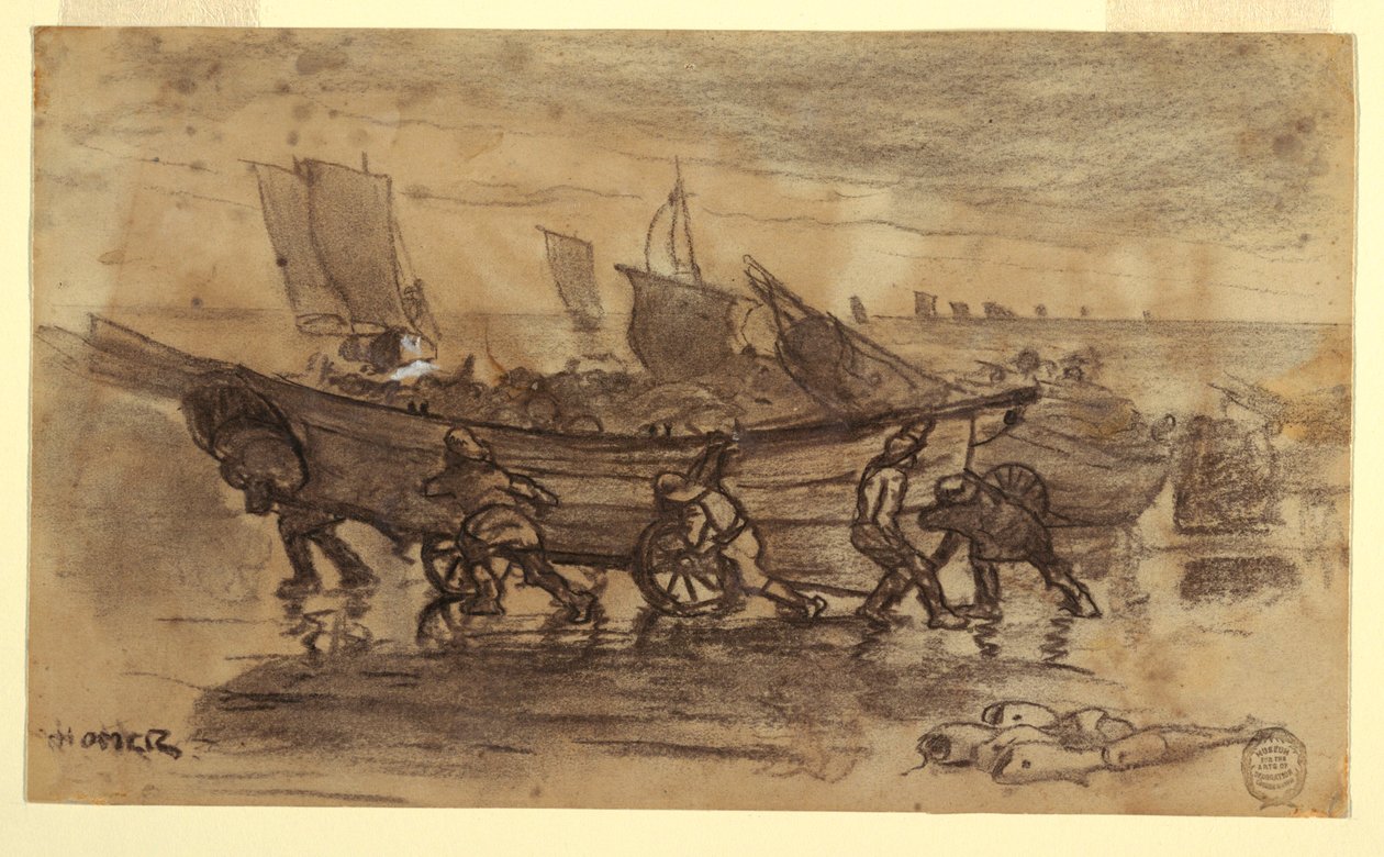 Piirros, Kalastajat rantautumassa veneeseen, Cullercoats, Englanti, 1881. tekijältä Winslow Homer