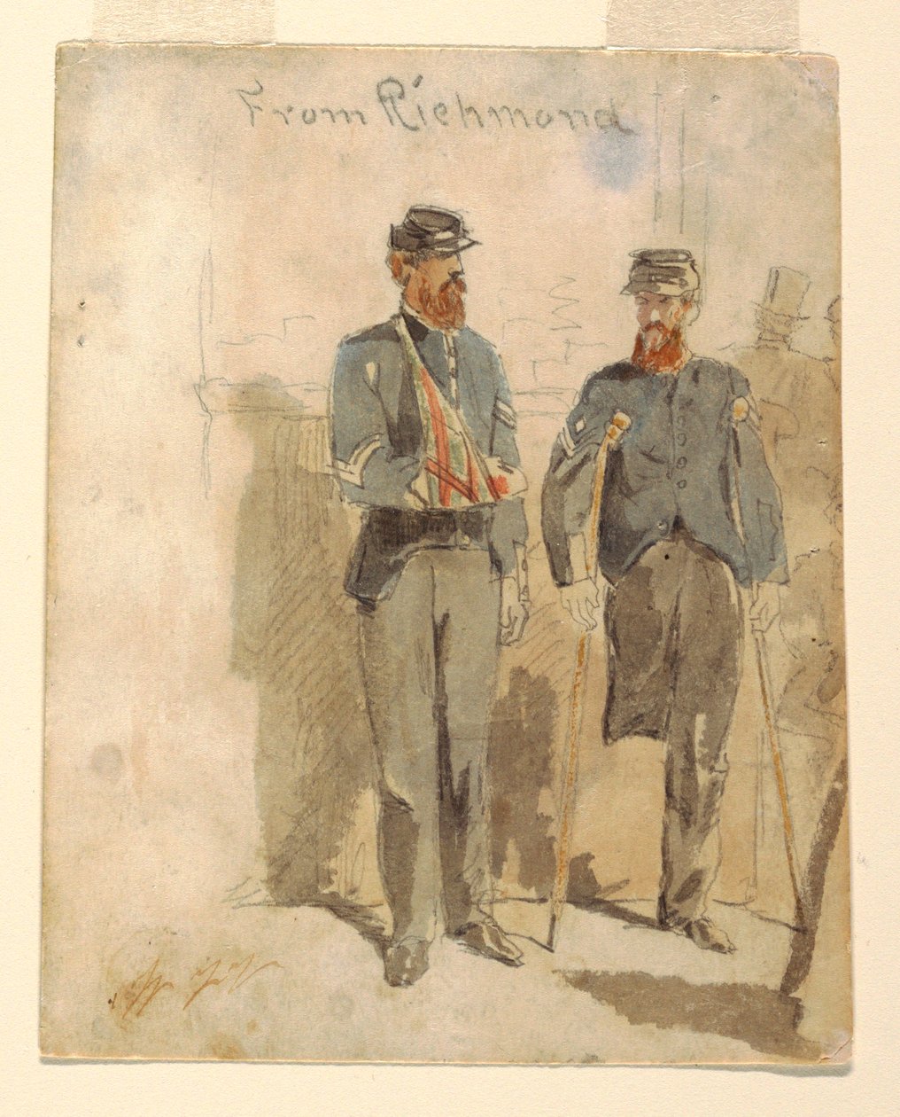 Piirros, "Richmondista"; kaksi haavoittunutta sotilasta, 1862 tekijältä Winslow Homer