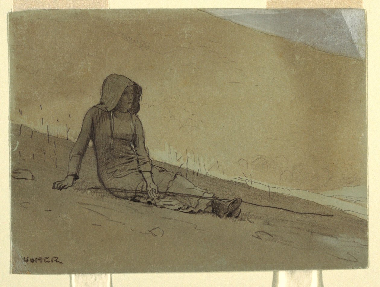 Piirros, Tyttö istuu mäenrinteellä, 1878 tekijältä Winslow Homer
