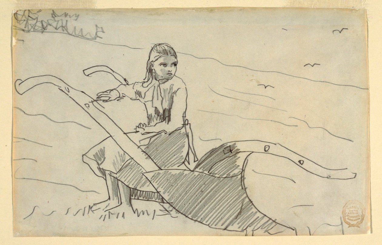 Piirros, Tyttö istuu auran päällä, 1879 tekijältä Winslow Homer