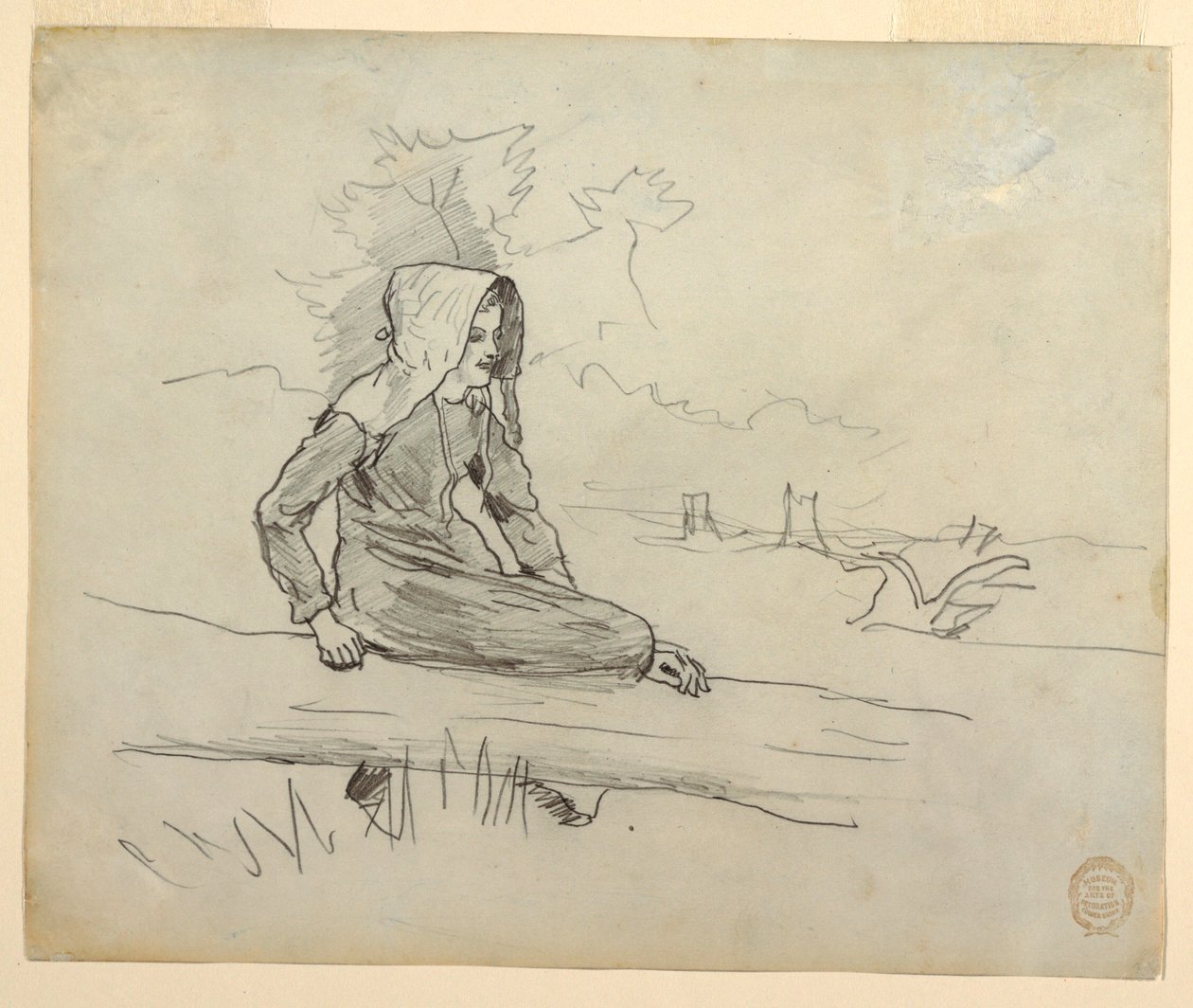 Piirros, Tyttö istuu puunrungolla, 1879 tekijältä Winslow Homer
