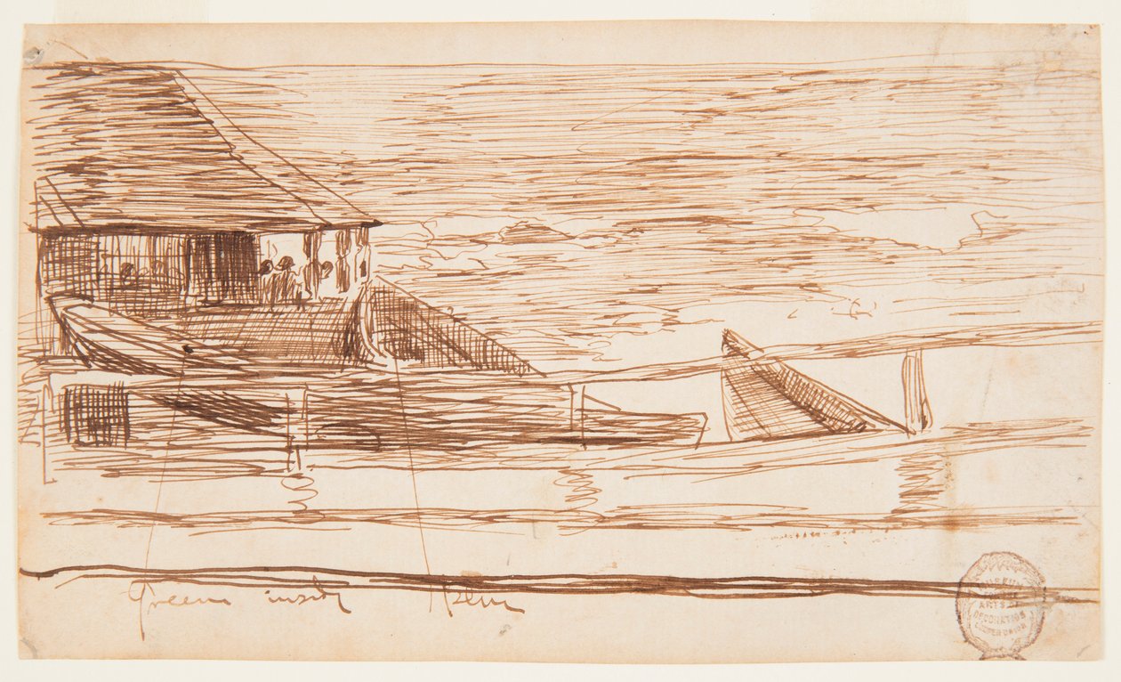 Piirros, Talo kaiteen äärellä ja rantautuneet doryt, Cullercoats, Englanti, 1881. tekijältä Winslow Homer