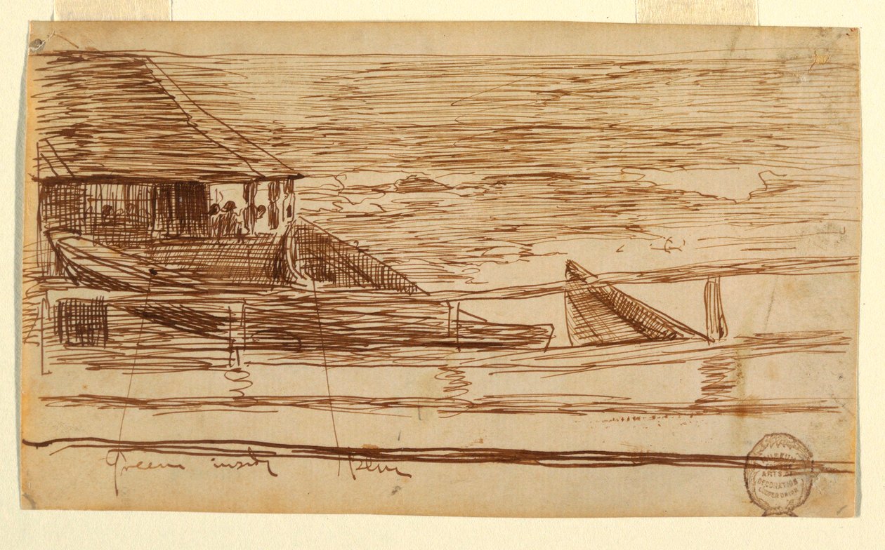 Piirros, Talo kaiteen äärellä ja rantautuneet doryt, Cullercoats, Englanti, 1881. tekijältä Winslow Homer
