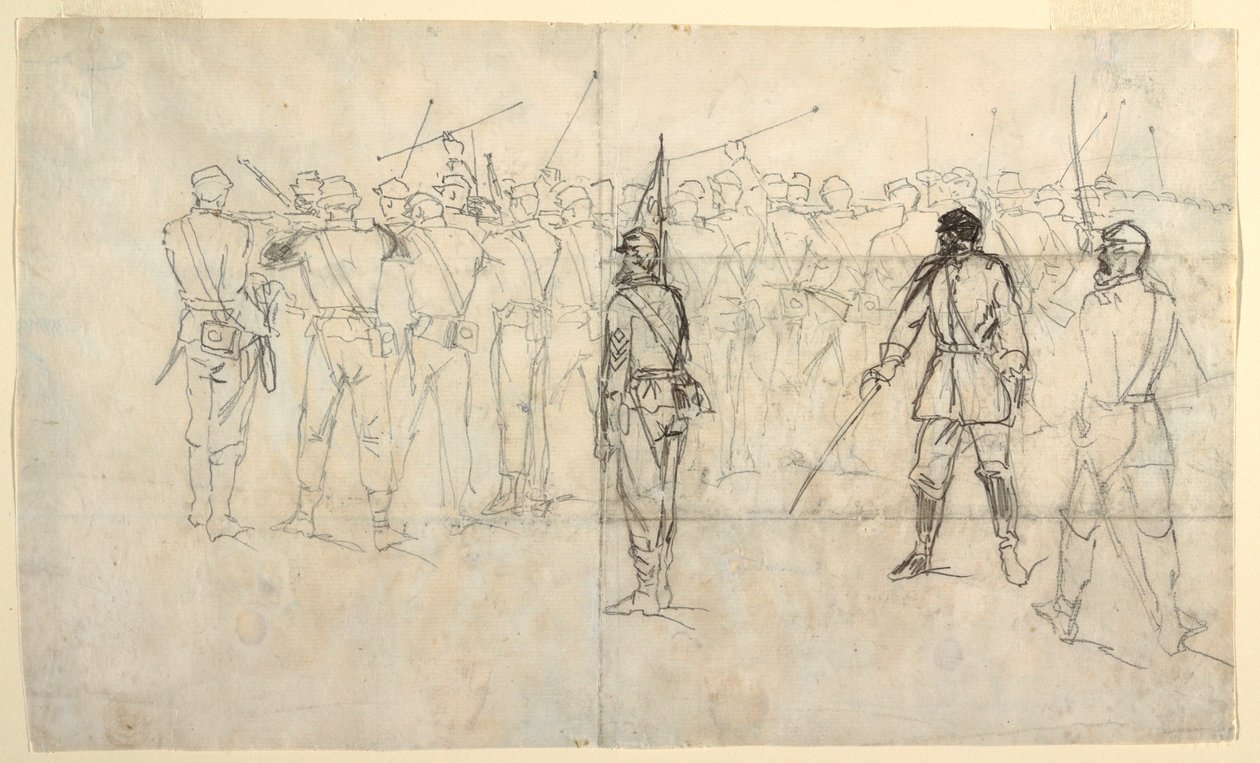 Piirros, Jalkaväen kivääriharjoitus, Sicklesin rykmentti, 1862. tekijältä Winslow Homer