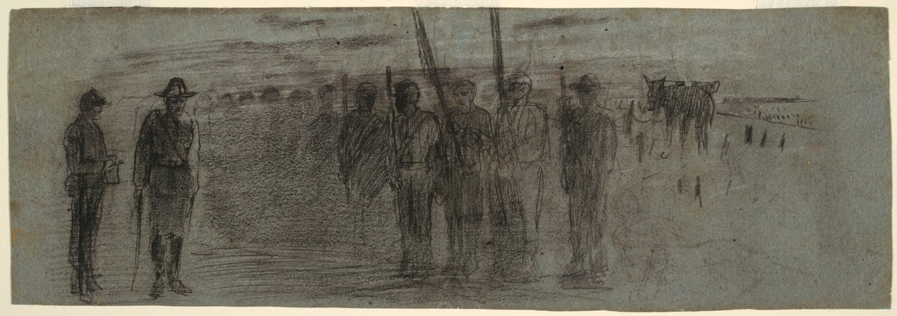 Piirros, upseeri ja adjutantti tarkastamassa laivuetta, mahdollisesti 1864. tekijältä Winslow Homer