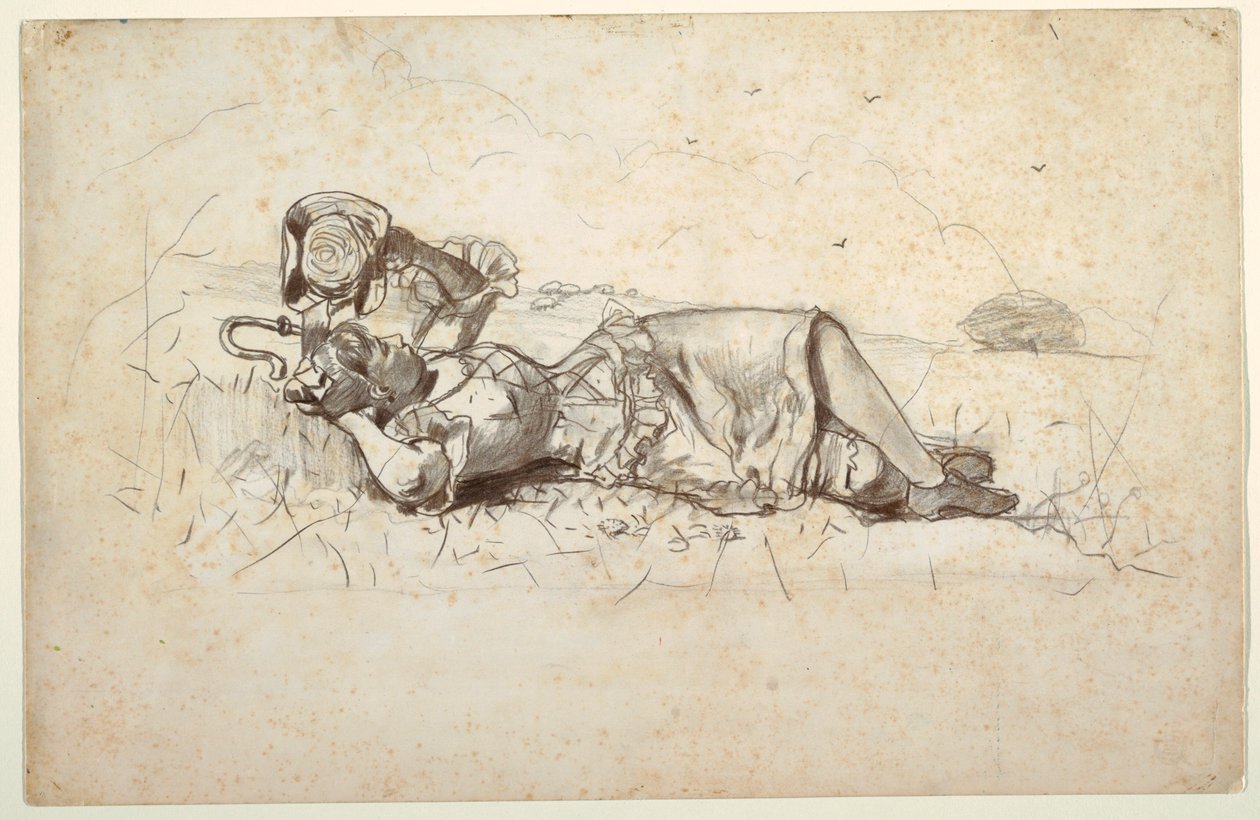 Piirros, Paimentyttö lepää, 1877 tekijältä Winslow Homer